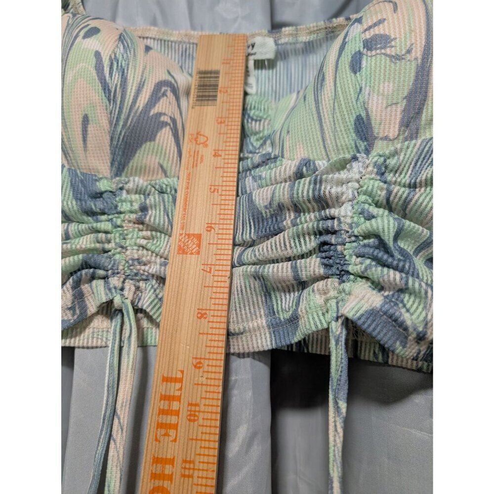 Privy Women's Size M Green Blue Swirl Marble Print Long Sleeve Ruched Crop Top - Picture 5 of 10